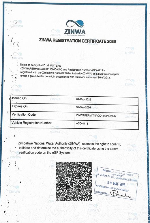 ZINWA registration certificate for DM Bulk Water tanker ACO 4113, valid to 31 December 2026