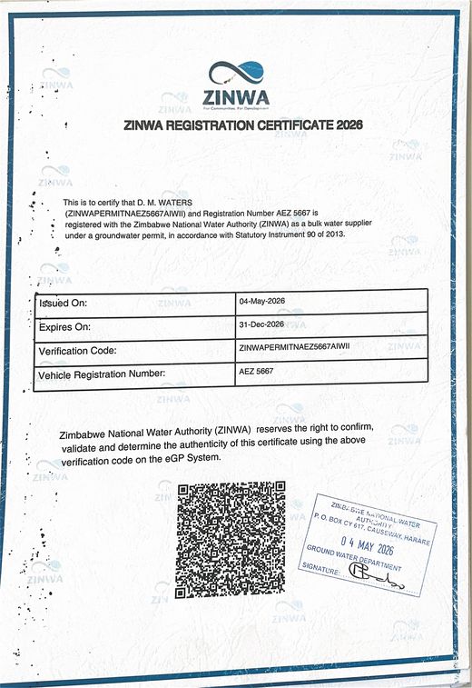 ZINWA registration certificate for DM Bulk Water tanker AEZ 5667, valid to 31 December 2026