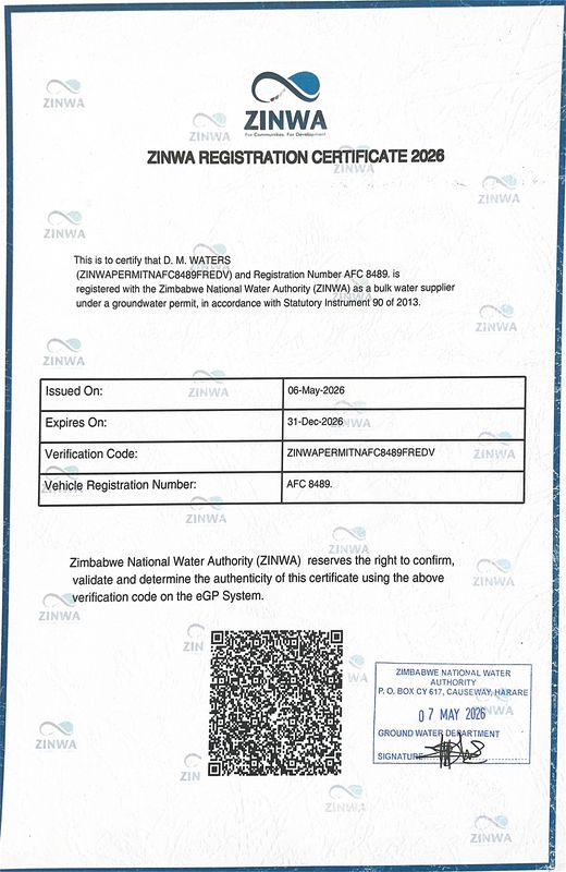 ZINWA registration certificate for DM Bulk Water tanker AFC 8489, valid to 31 December 2026