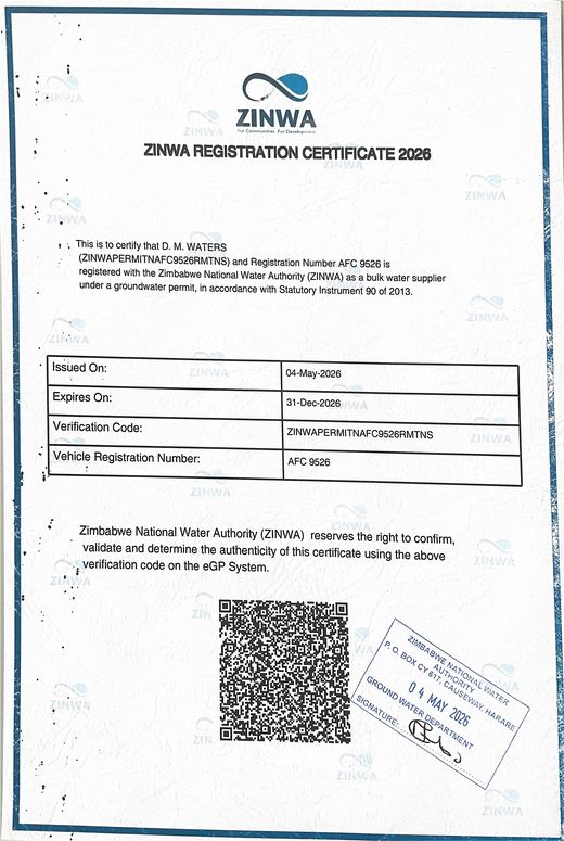 ZINWA registration certificate for DM Bulk Water tanker AFC 9526, valid to 31 December 2026