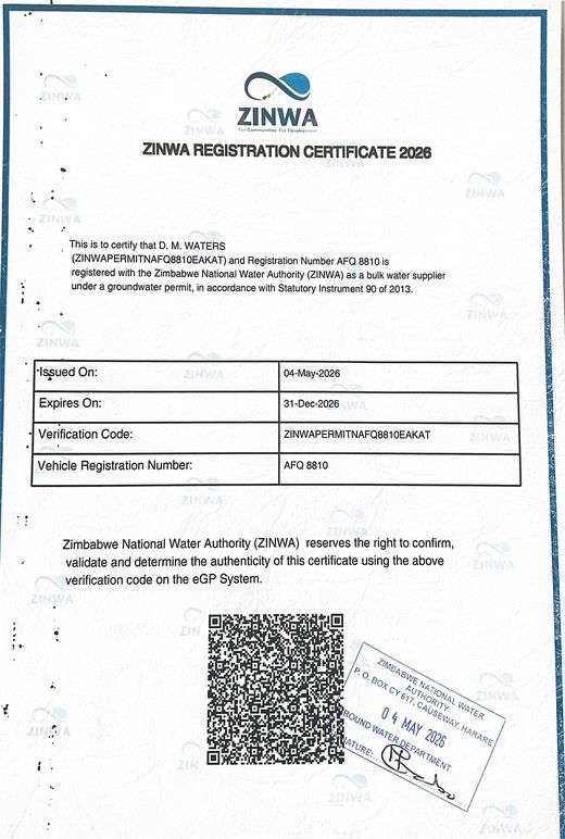 ZINWA registration certificate for DM Bulk Water tanker AFQ 8810, valid to 31 December 2026