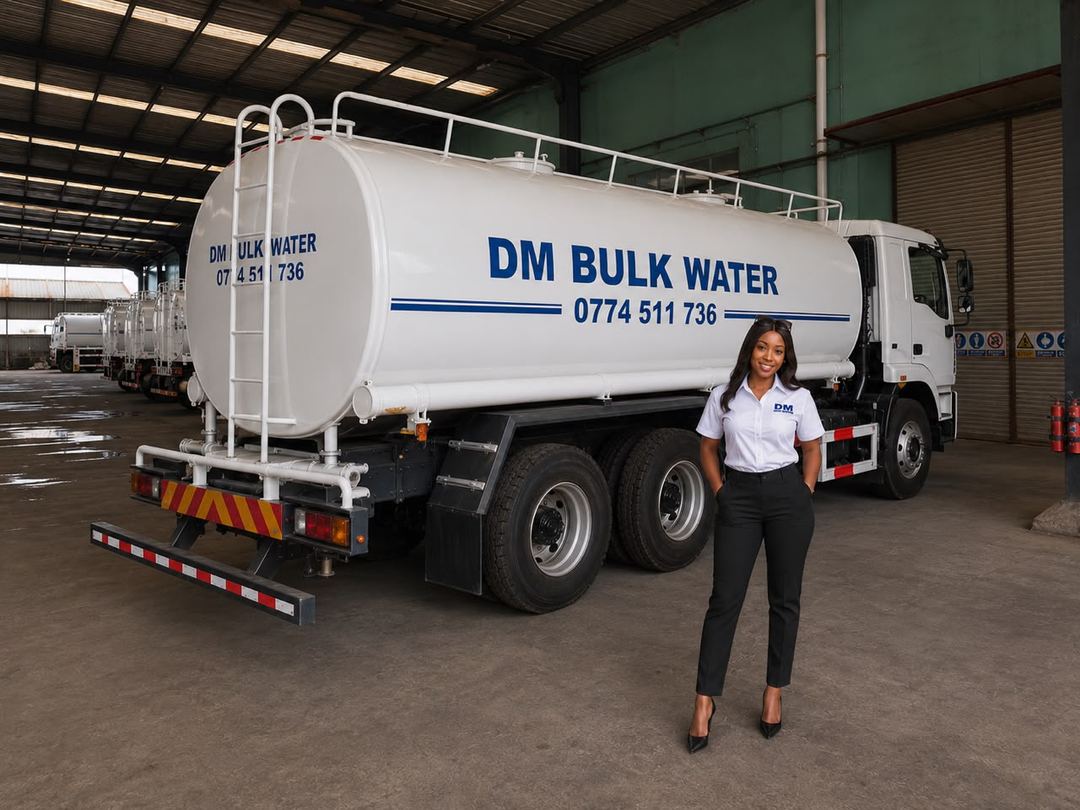 DM Bulk Water tankers at the company depot, with a staff member in DM Bulk Water uniform