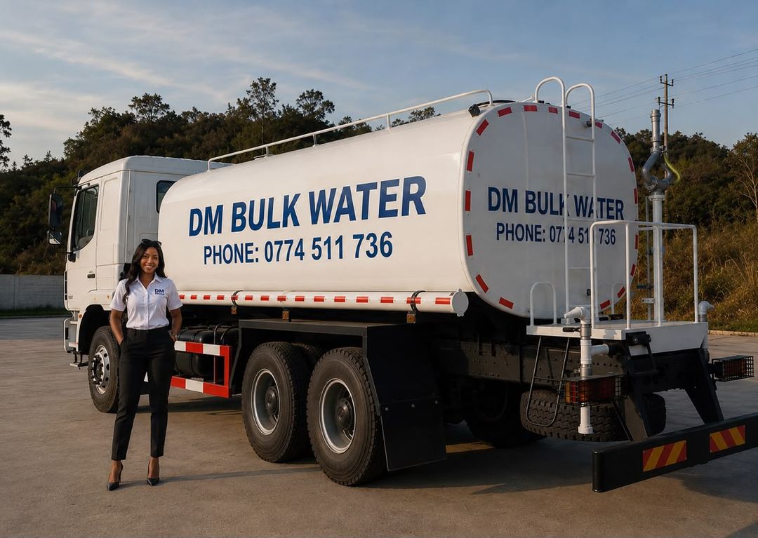 A DM Bulk Water delivery tanker, branded with the company name and phone number, ready for a water delivery in Harare